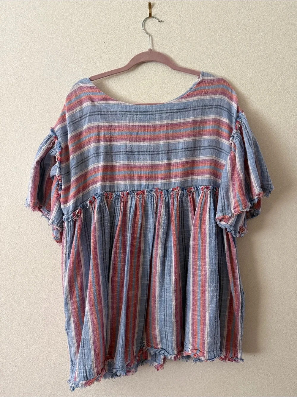 Free People Boho Striped Gauze Babydoll Dress in Blue and Coral